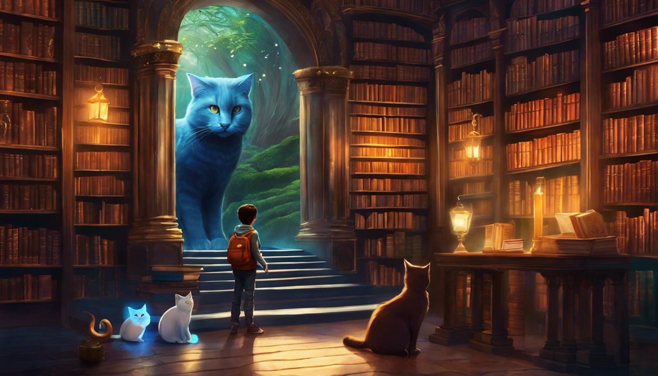 Alt tag: "A child standing in a magical library, facing a giant blue cat in an archway, with three smaller cats nearby."