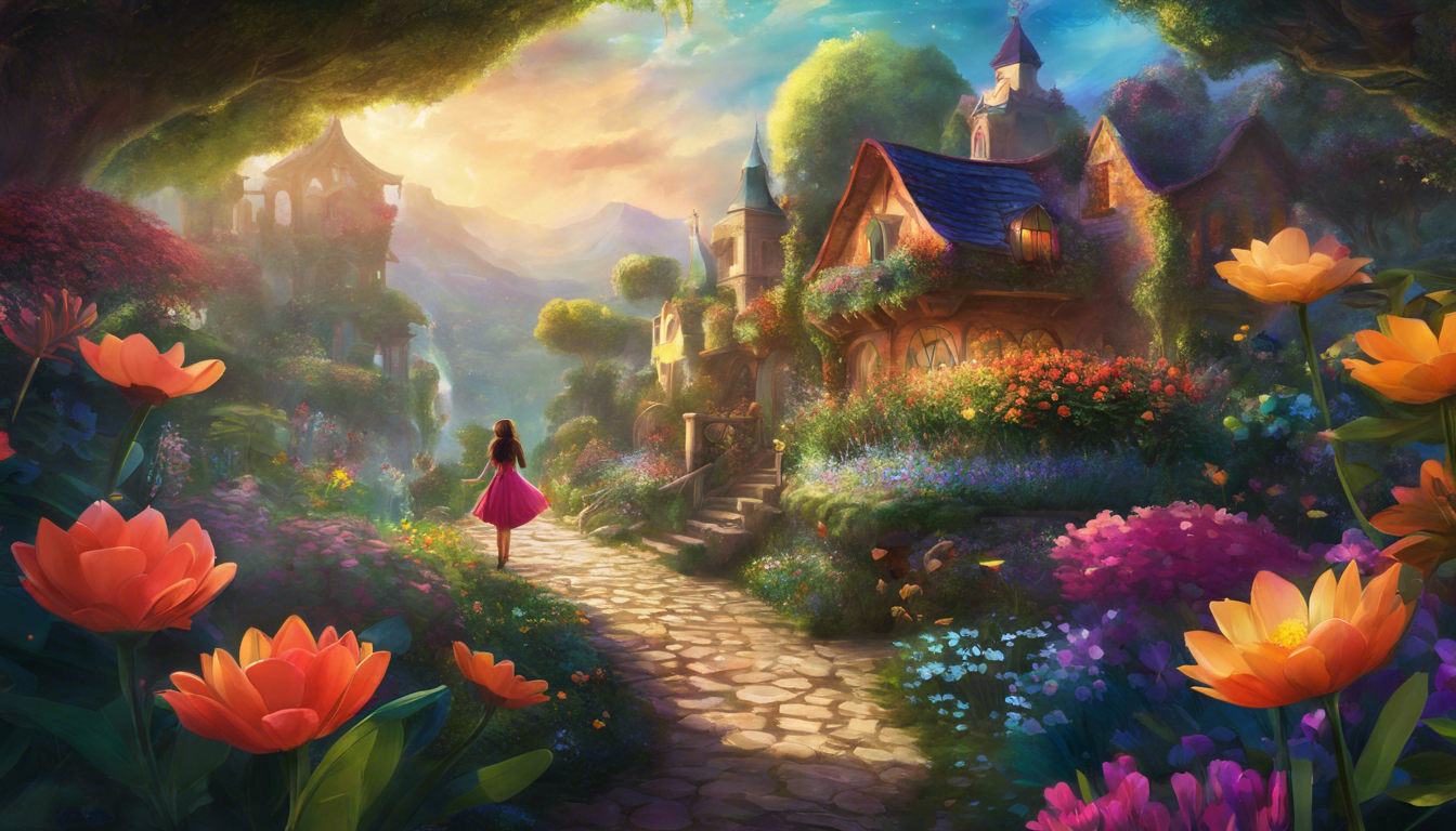 "A whimsical landscape featuring a cozy village, vibrant flowers, and a pathway leading towards a sunset, with a figure in a pink dress walking towards a charming cottage."