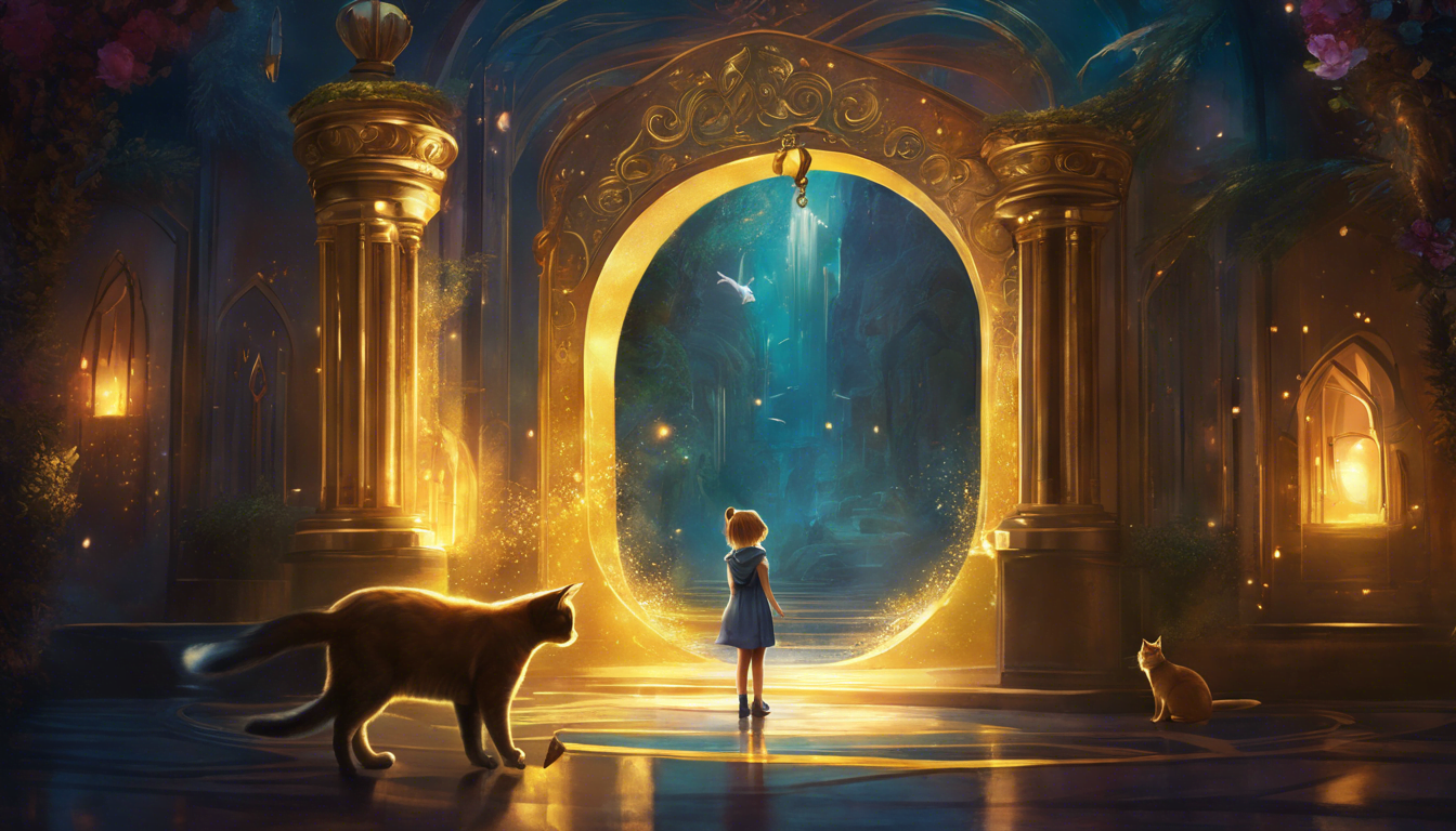 A child stands before a glowing portal in an enchanting, dimly lit space, accompanied by two cats, surrounded by ornate golden architecture and soft, magical light.