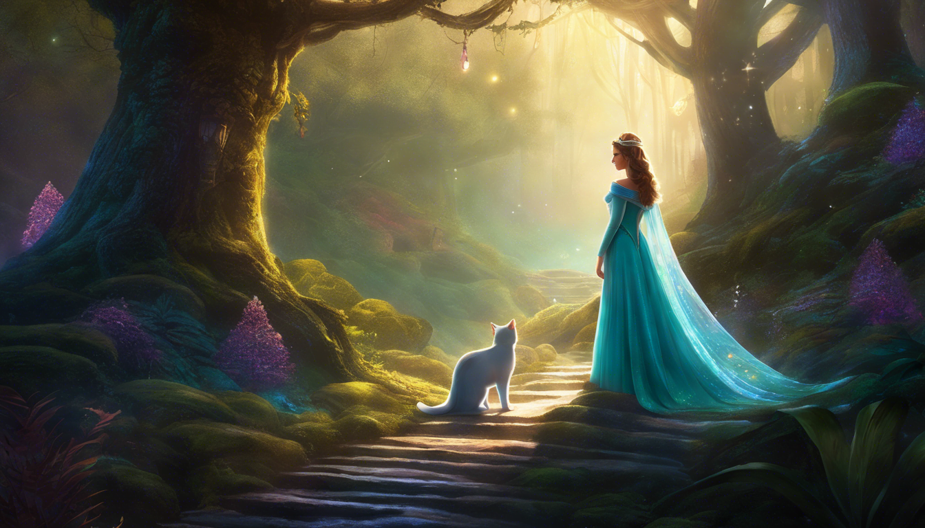 A princess in a flowing blue gown stands on a path in an enchanted forest, gazing at a white cat amidst lush greenery and colorful flowers, illuminated by soft, golden light.