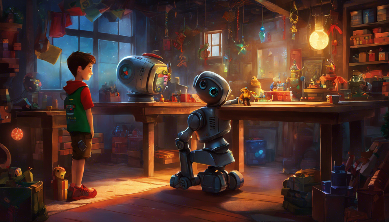 A boy in a green shirt stands in a cluttered workshop, interacting with a small, friendly robot amidst colorful toys and warm lighting.