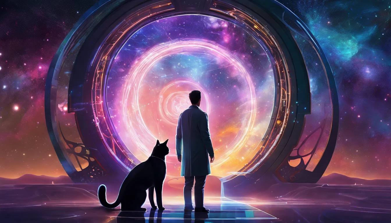 A silhouette of a person and a black cat standing before a swirling cosmic portal, surrounded by vibrant colors and starry space.