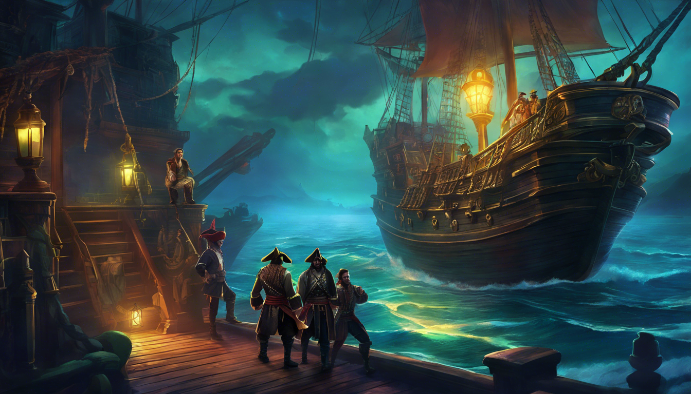 "Pirates gathered on a dock at night, with a majestic ship illuminated against a turbulent sea."