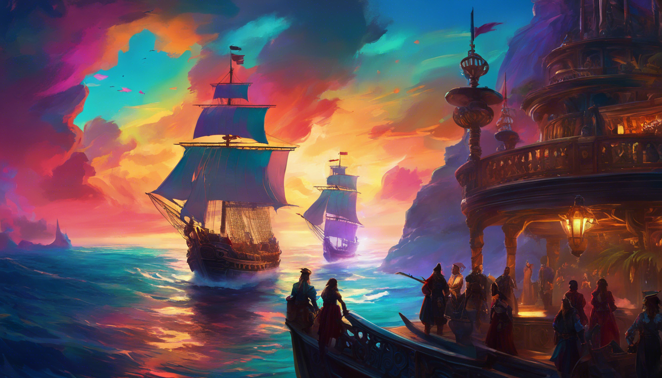 Alt text: "Two majestic ships sail through vibrant, colorful waters at sunset, with a bustling harbor and figures on a nearby deck."