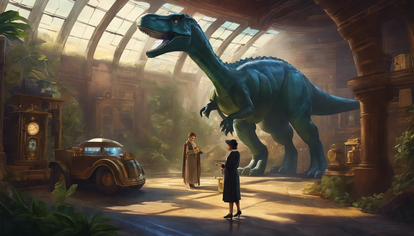 "An enormous blue dinosaur stands in a lush, sunlit museum filled with ancient artifacts, as a man and a woman interact in awe."