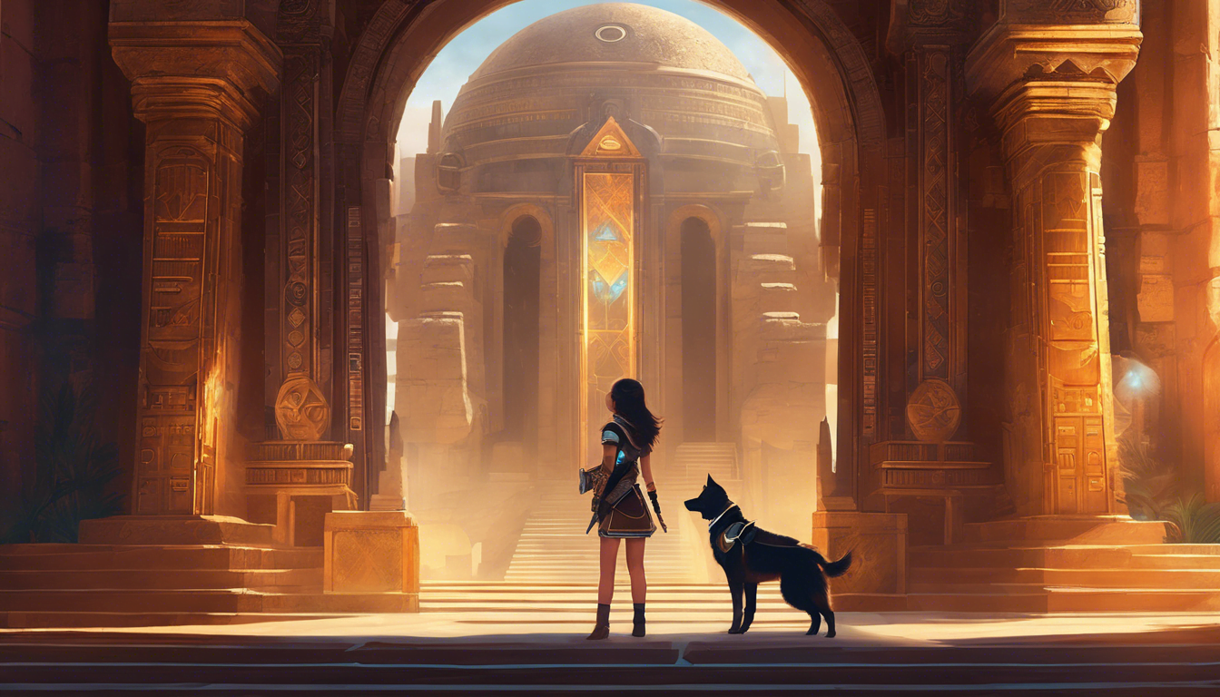 A silhouette of a girl and her dog standing before a grand, ancient temple illuminated by warm light.