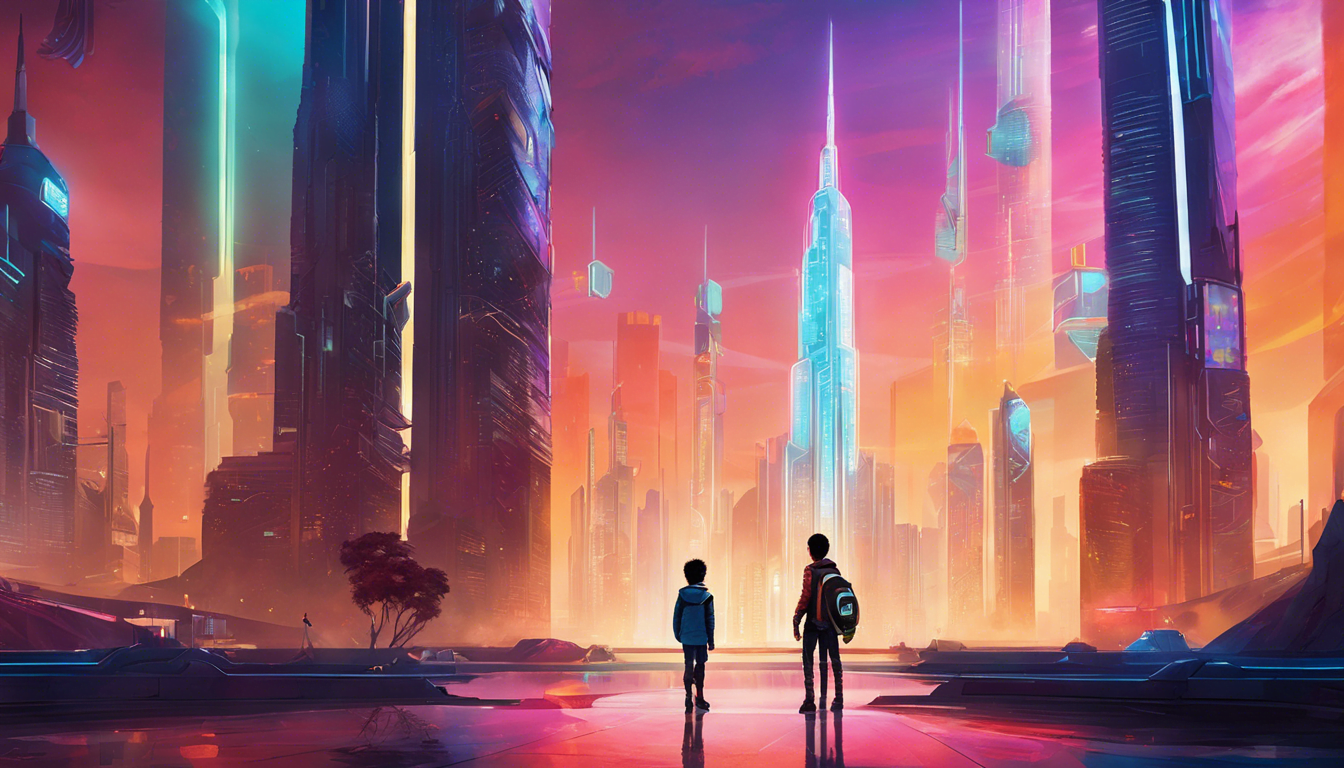 Two silhouettes stand in a vibrant, futuristic cityscape filled with towering skyscrapers and a colorful sunset sky.