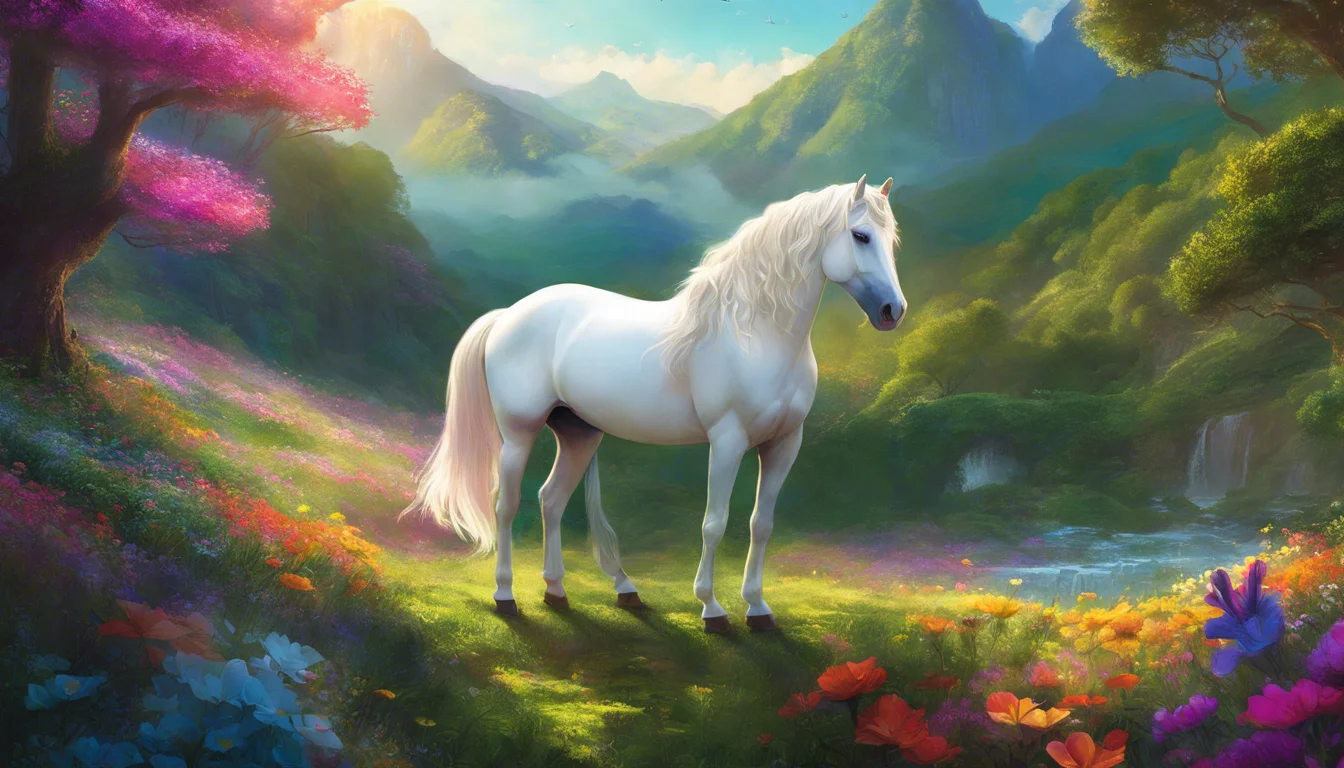 A majestic white unicorn stands in a vibrant, lush landscape filled with colorful flowers, surrounded by rolling green hills and vibrant trees under a bright sky.