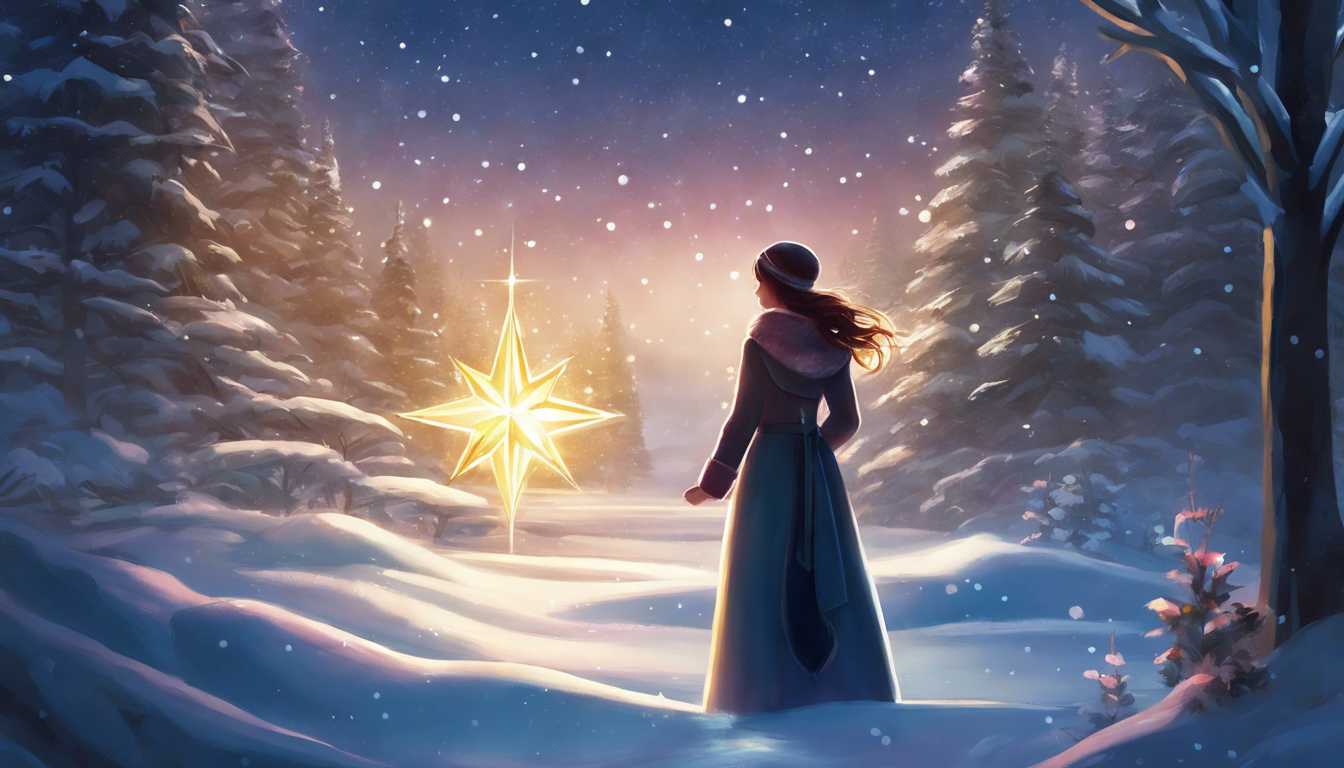 A figure in a long dress stands in a snowy landscape, gazing at a large glowing star amidst softly falling snow and silhouetted pine trees.