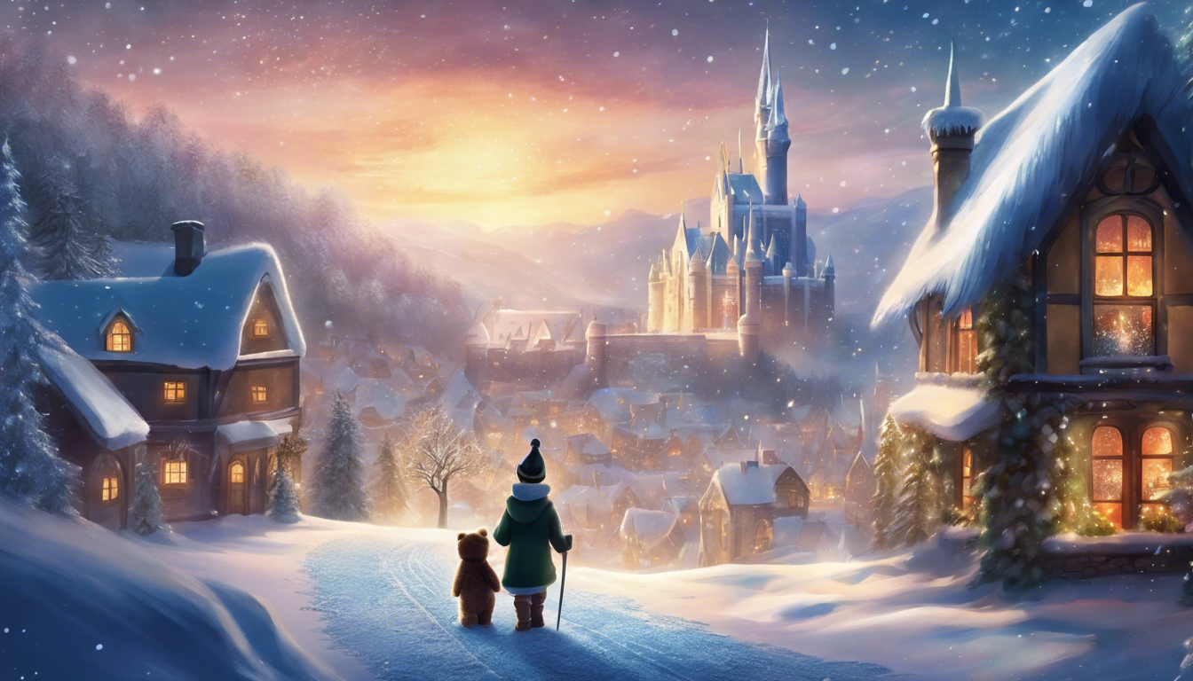 A child and a bear stand in a snowy landscape, gazing at a magical castle in the distance as the sun sets, illuminating charming houses.