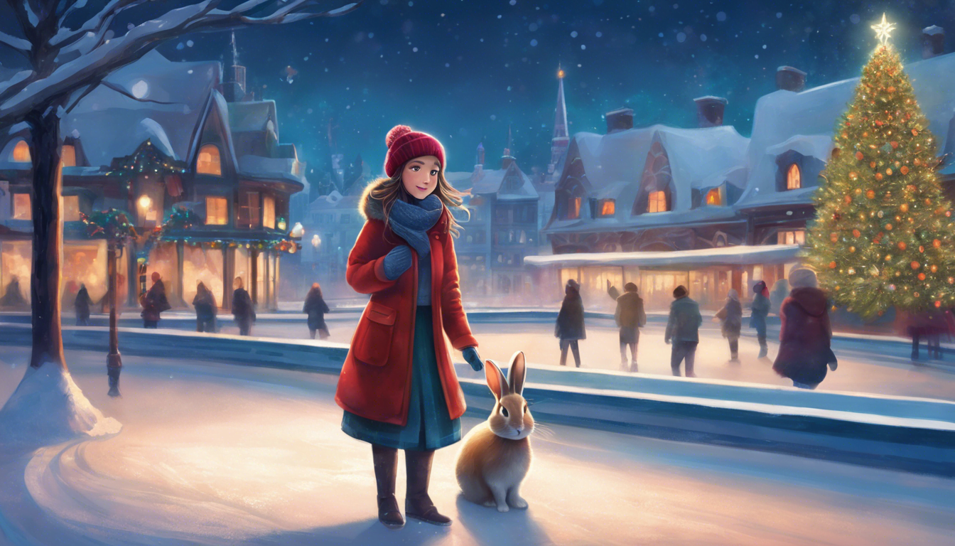 A girl in a red coat and hat stands in a snowy village, holding a rabbit, with a beautifully decorated Christmas tree and festive lights in the background.