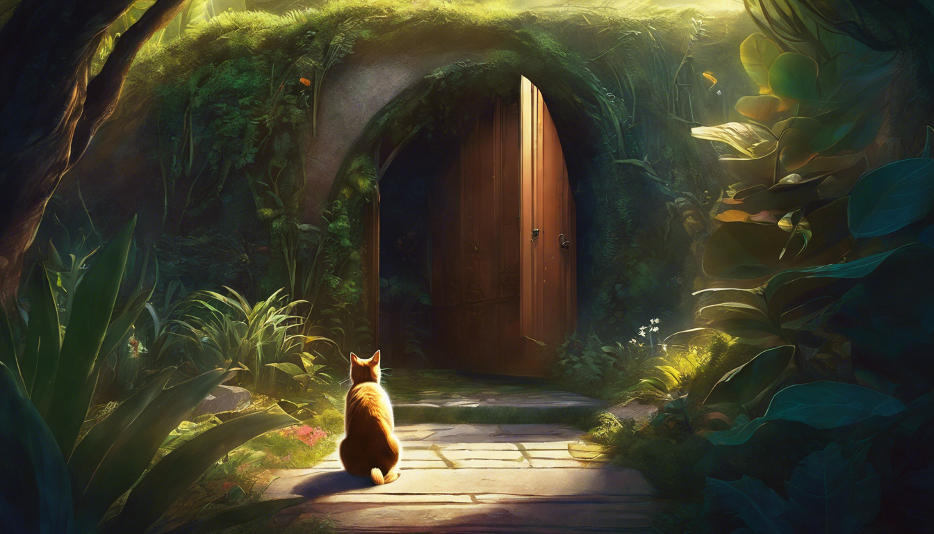 A curious cat sitting on a stone path, gazing towards an open wooden door set in a lush, green archway surrounded by plants.