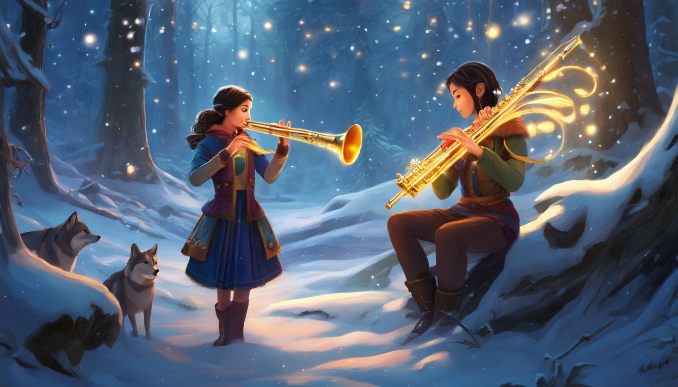 Two young girls playing musical instruments in a snowy forest, with dogs listening nearby and snowflakes falling around them.