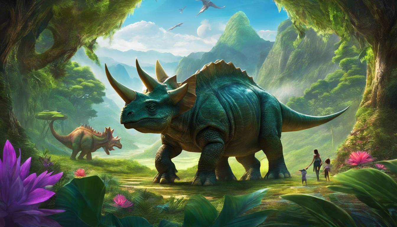 Alt tag: "A vibrant jungle scene featuring a large dinosaur with three horns, alongside a smaller dinosaur and two children, surrounded by lush greenery and colorful flowers."