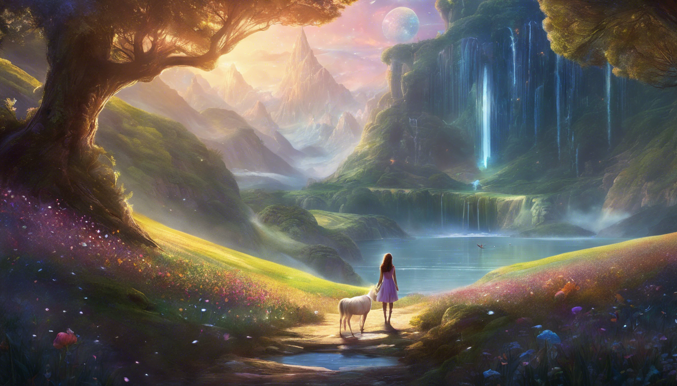 A serene fantasy landscape featuring a girl and a dog walking along a path, surrounded by vibrant flowers, a waterfall, and distant mountains under a colorful sky.