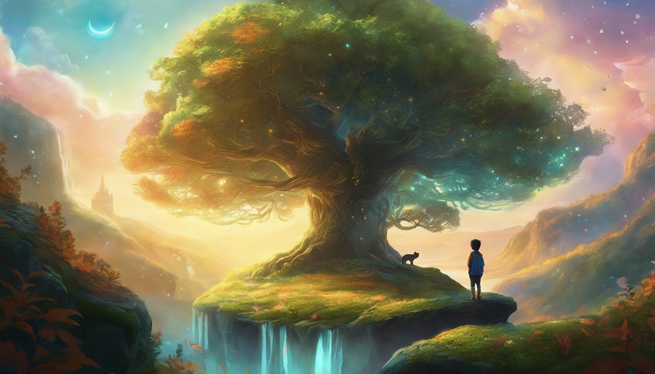 A fantastical landscape featuring a large, vibrant tree with glowing leaves, a serene waterfall, and a child standing alongside a small dog, set against a colorful sunset.