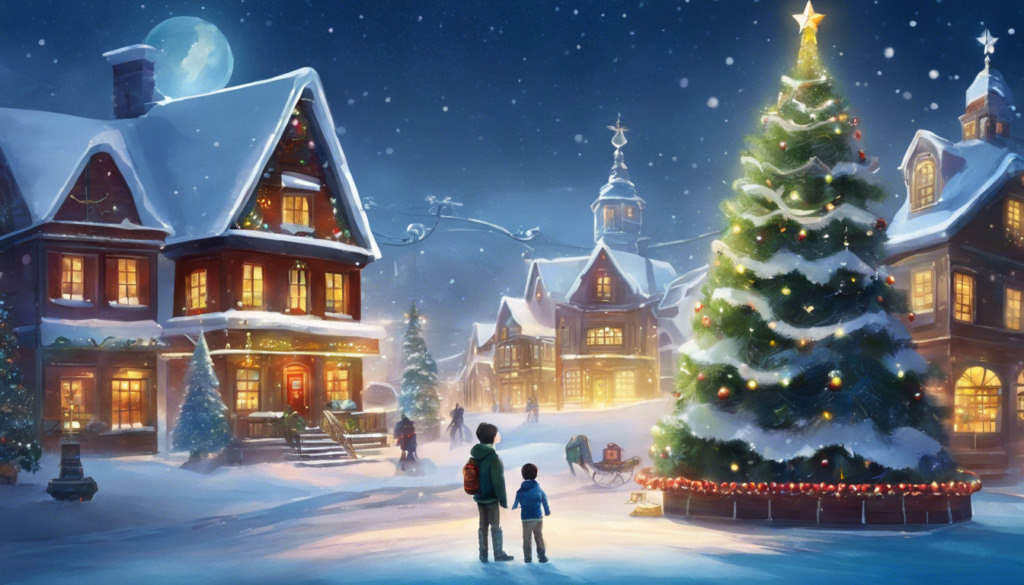 A snowy village scene at night, featuring two figures admiring a beautifully decorated Christmas tree in front of cozy, illuminated houses.