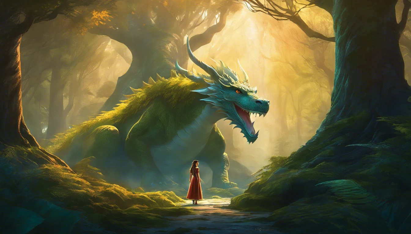 A majestic green dragon looms over a figure in a red cloak, set in a sunlit, enchanted forest.