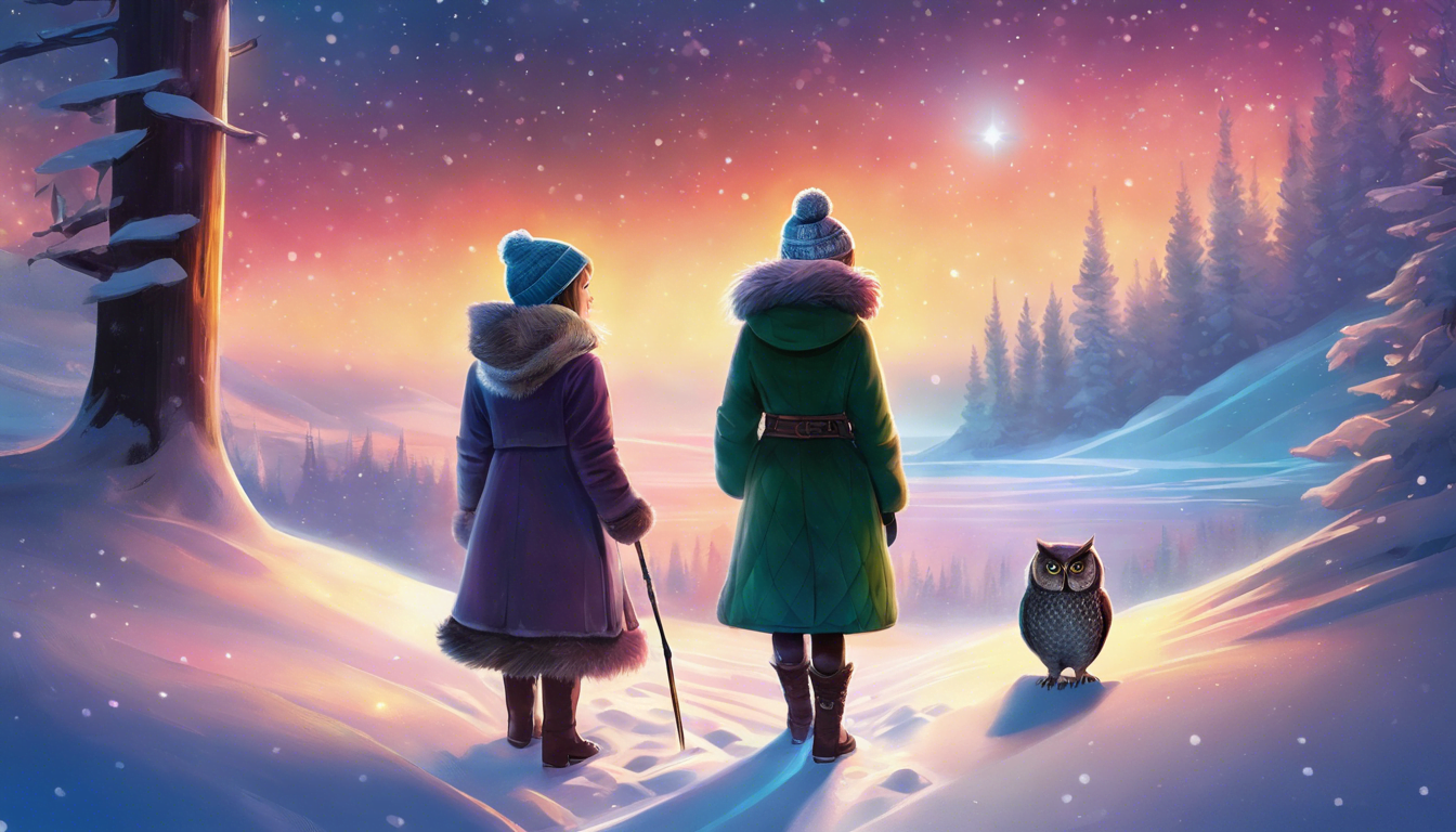 Two figures in winter clothing stand on a snowy path, gazing at a colorful sunset with trees in the background, as an owl watches nearby.