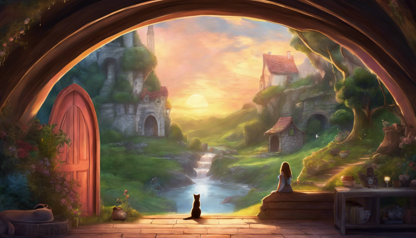 A serene landscape viewed from an arched doorway, featuring a girl and a cat silhouetted against a colorful sunset, with lush greenery and quaint cottages in the distance.