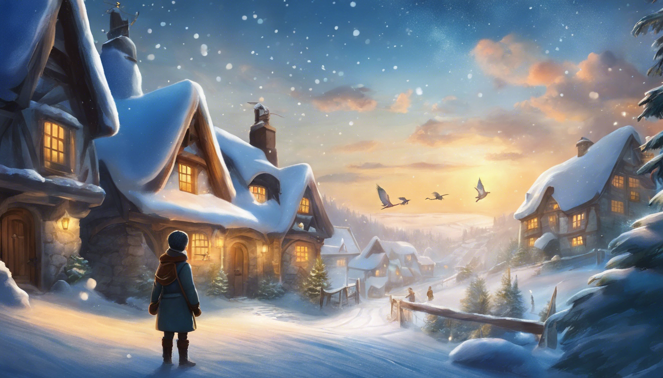 A cozy winter scene depicting a child standing in the snow, surrounded by charming cottages with snow-covered roofs, as snowflakes fall against a beautiful sunset sky.