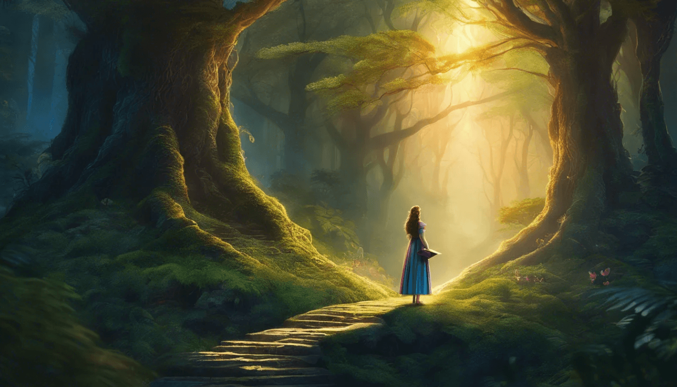 A girl in a blue dress stands on a mossy path in a magical forest, illuminated by soft sunlight filtering through the trees.