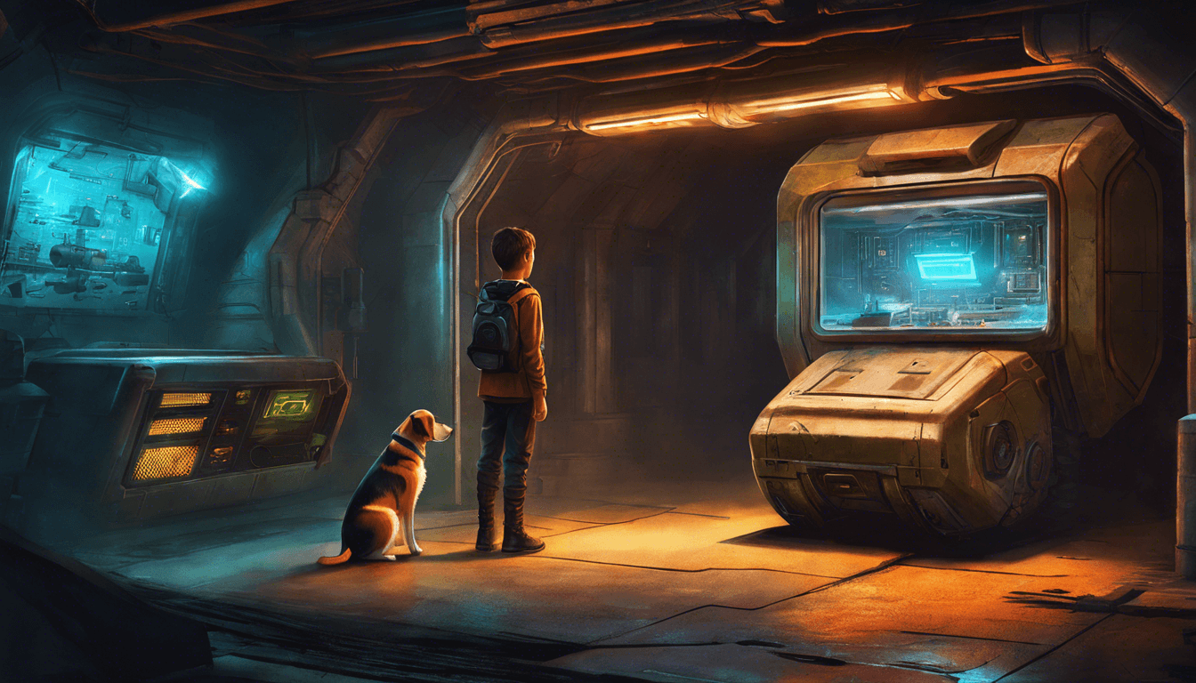 A boy and robotic dog at a secret bunker entrance with glowing technology.