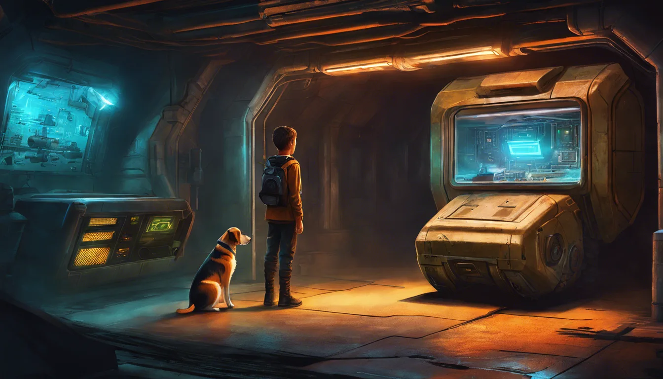 A young boy and his dog stand in a dimly lit sci-fi setting, gazing at a glowing control panel.