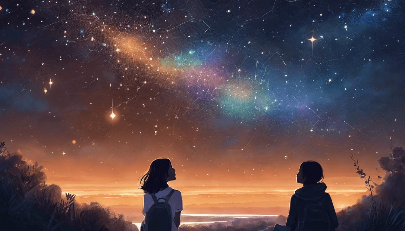 Two figures gaze up at a vibrant night sky filled with stars and a colorful Milky Way, set against a glowing sunset horizon.