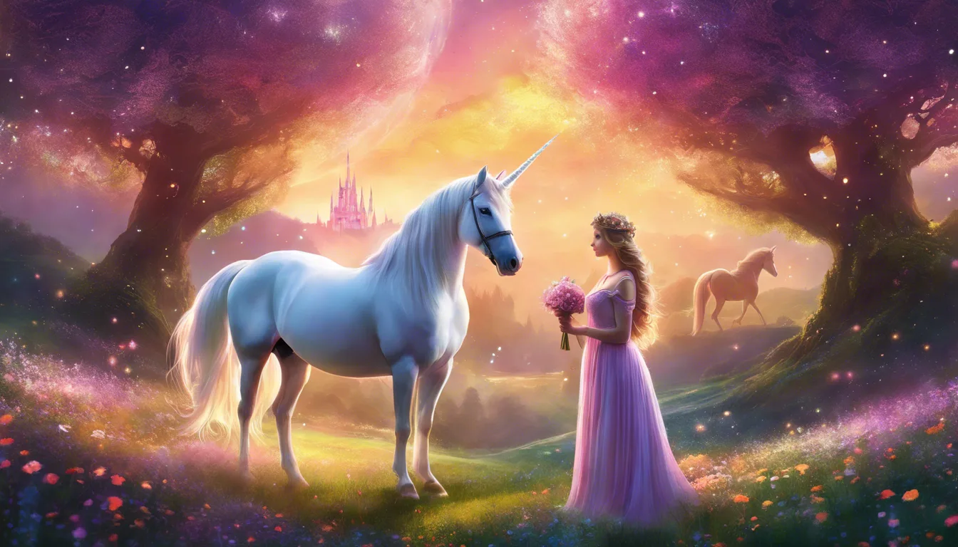 A magical scene featuring a woman in a flowing pink dress standing beside a white unicorn in an enchanting forest, with a castle silhouette in the background and vibrant colors illuminating the sky.