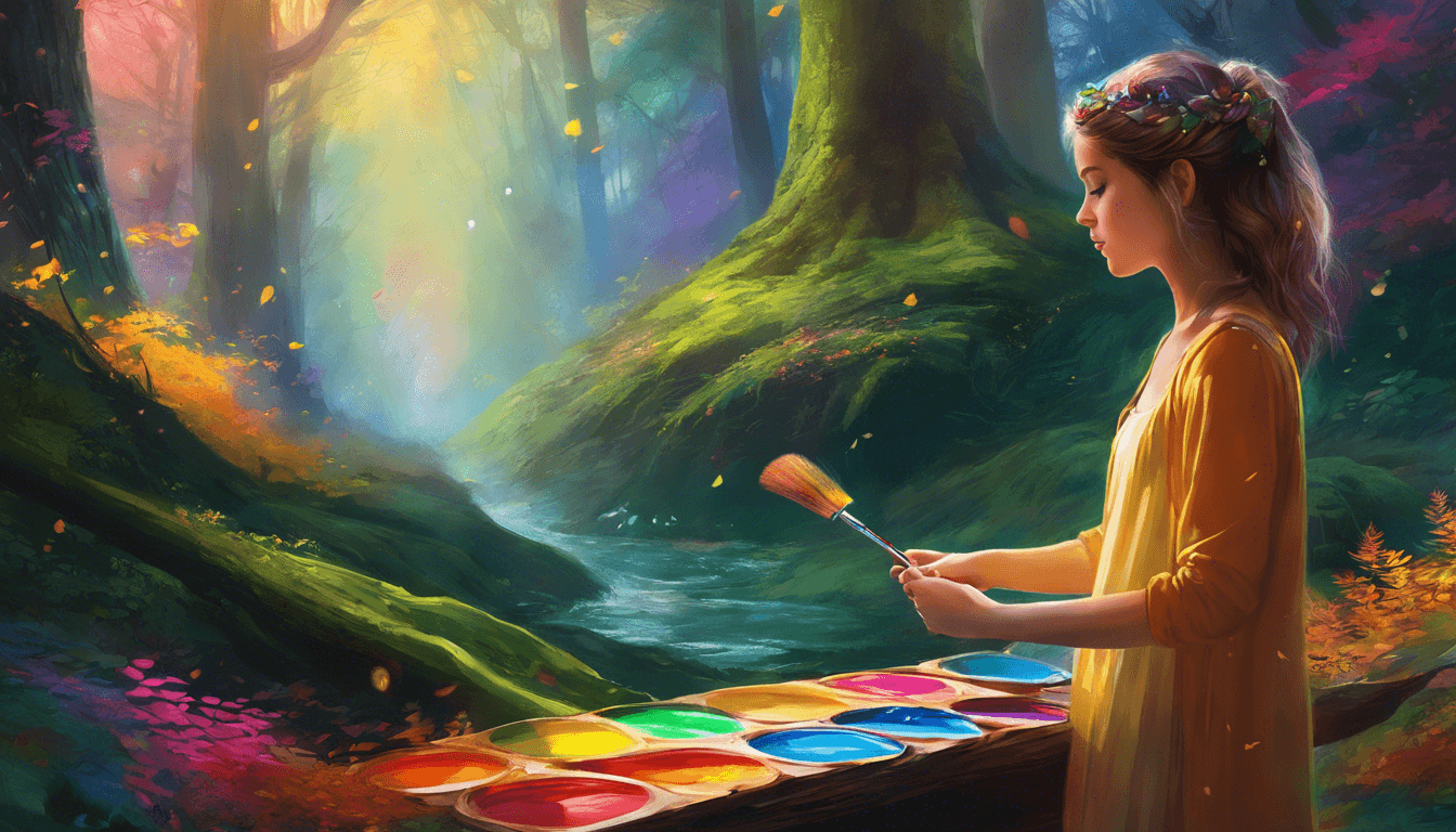 A girl in a yellow dress stands by a serene stream, holding a paintbrush and contemplating a palette of vibrant colors amidst a magical forest setting.