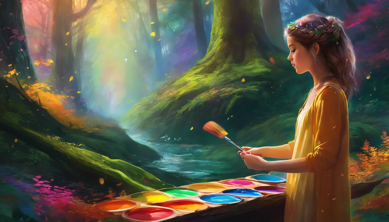 A girl in a yellow dress stands by a serene stream, holding a paintbrush and contemplating a palette of vibrant colors amidst a magical forest setting.