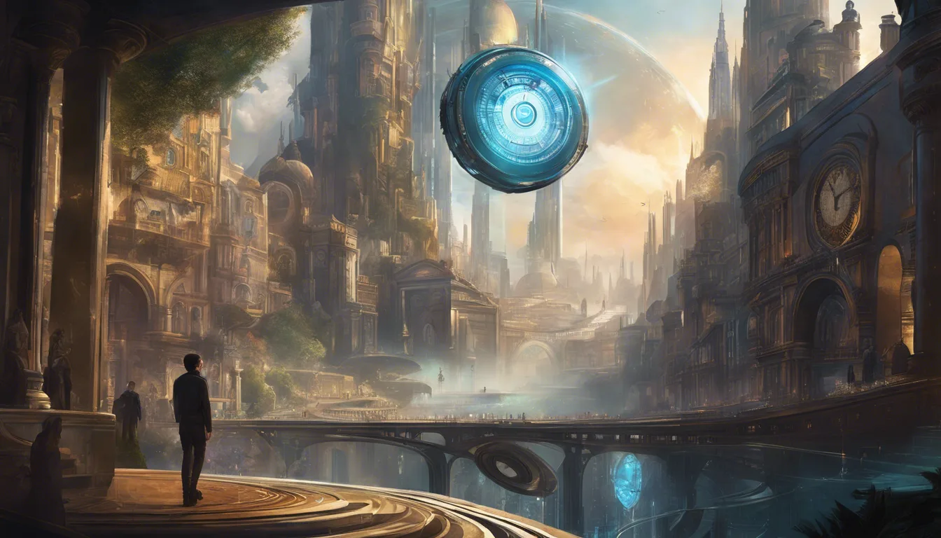 A futuristic cityscape with towering buildings, a glowing blue orb hovering above, and a lone figure standing on a bridge over a shimmering waterway.