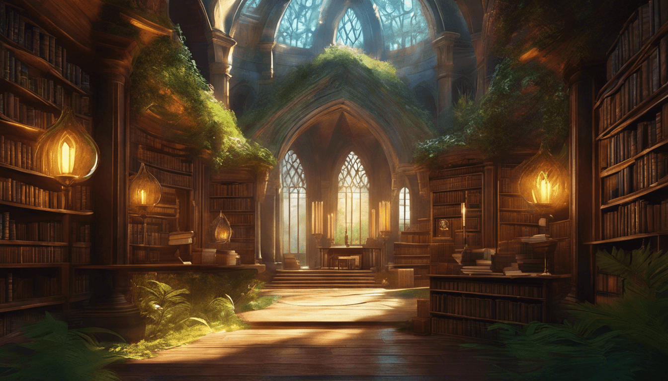 A serene, illuminated library with tall stained glass windows, lush greenery, and wooden bookshelves filled with books, creating a tranquil, magical atmosphere.