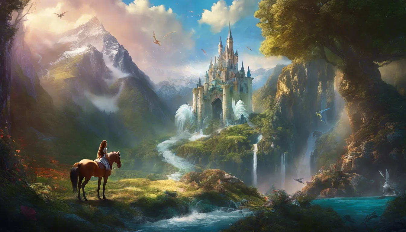 A serene landscape featuring a castle in the distance, surrounded by mountains, waterfalls, and lush greenery, with a figure on horseback in the foreground.