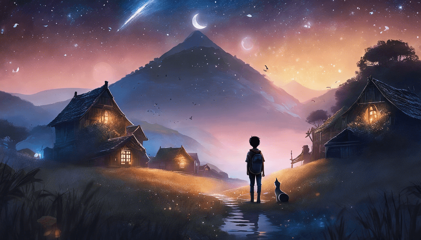 A silhouette of a boy and a cat standing on a path, gazing at a starry sky with a crescent moon and a shooting star, surrounded by cozy, illuminated cottages and a distant mountain.