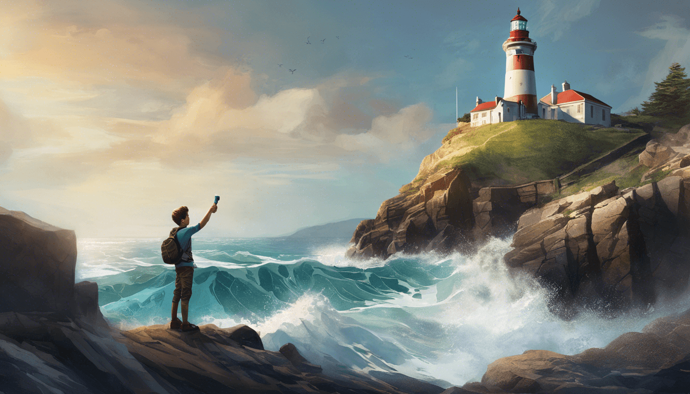 A person stands on a rocky shore, taking a photo of a lighthouse overlooking turbulent waves under a colorful sky.