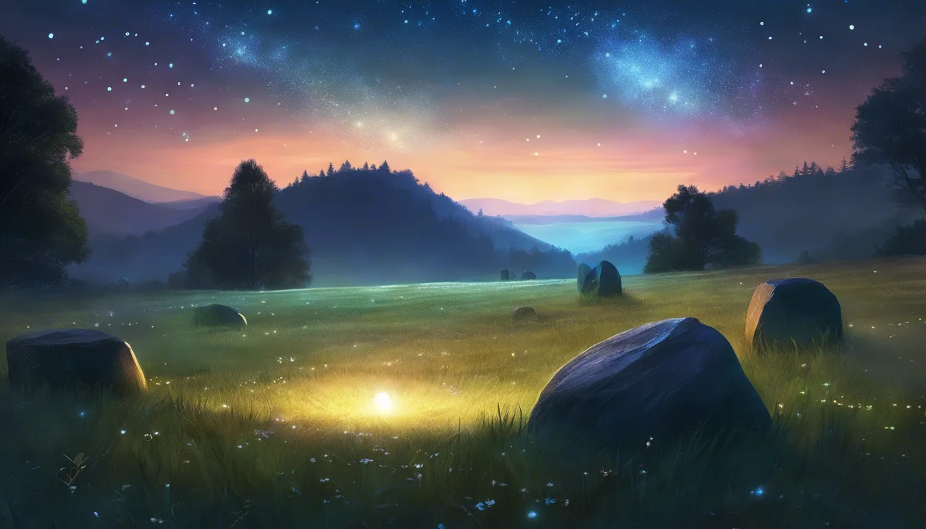 A serene sunset landscape with rolling hills, illuminated by a starry sky and scattered rocks in a grassy field.