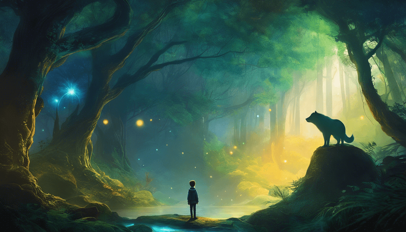 A boy at a mystical forest edge, surrounded by glowing creatures.