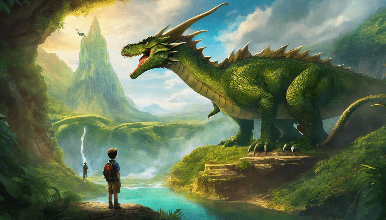 A young boy stands in awe before a majestic green dragon in a lush, mystical landscape, with mountains and waterfalls in the background.