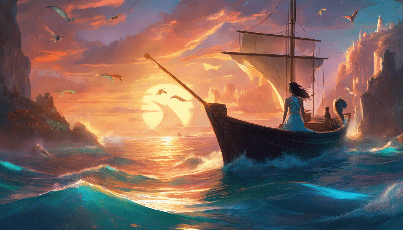 A serene sunset scene with a small sailboat on calm waters, two figures on board, surrounded by cliffs and flying seabirds.