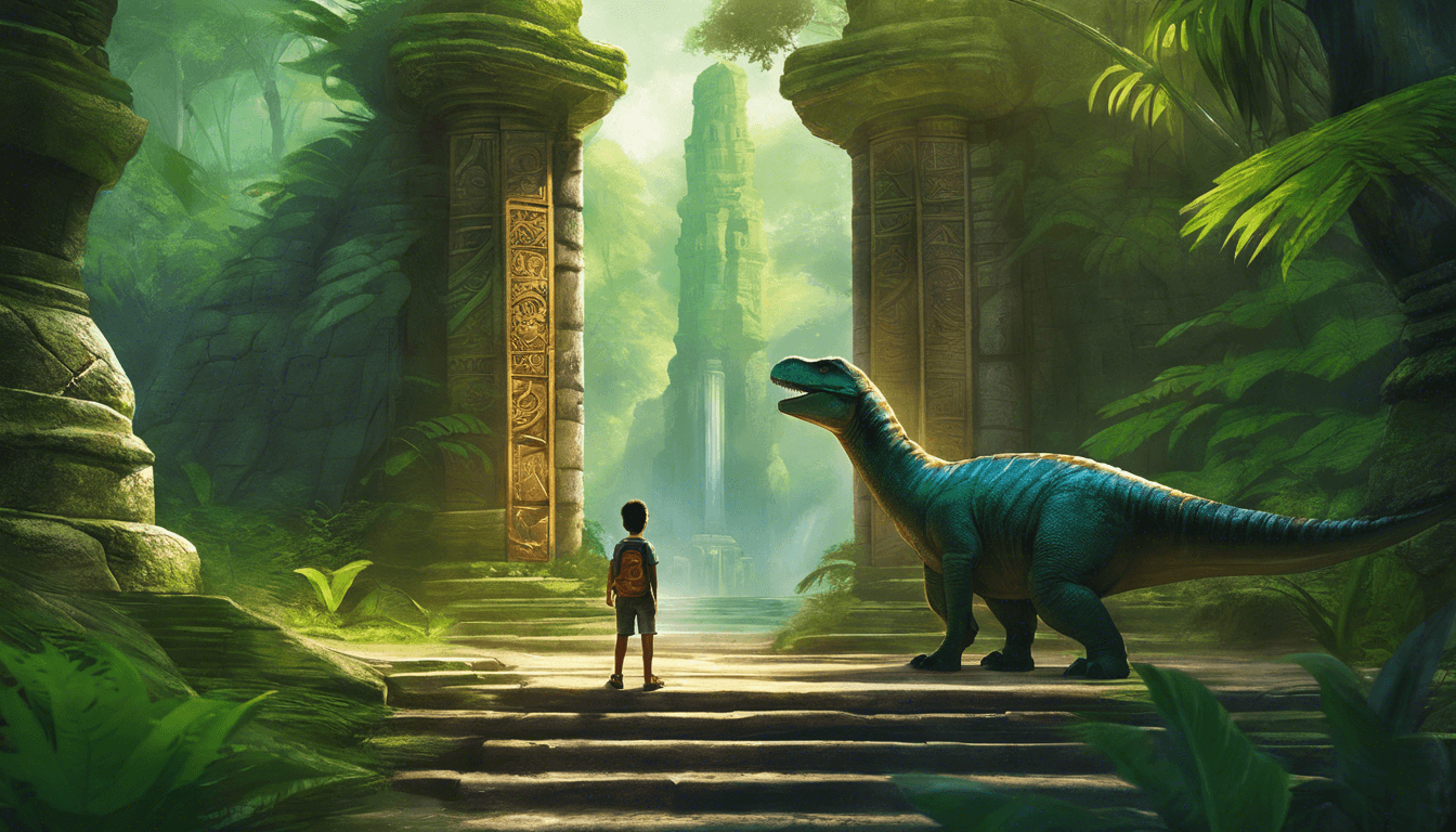 A dinosaur and a boy at a temple entrance in a green forest.