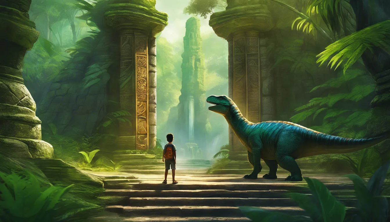 A young person stands before ancient stone ruins in a lush jungle, facing a friendly dinosaur.