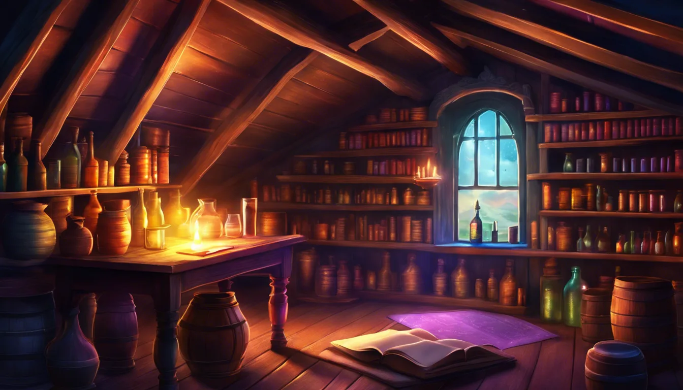 Cozy attic filled with shelves of books and jars, illuminated by warm candlelight, with a window revealing a scenic view outside.
