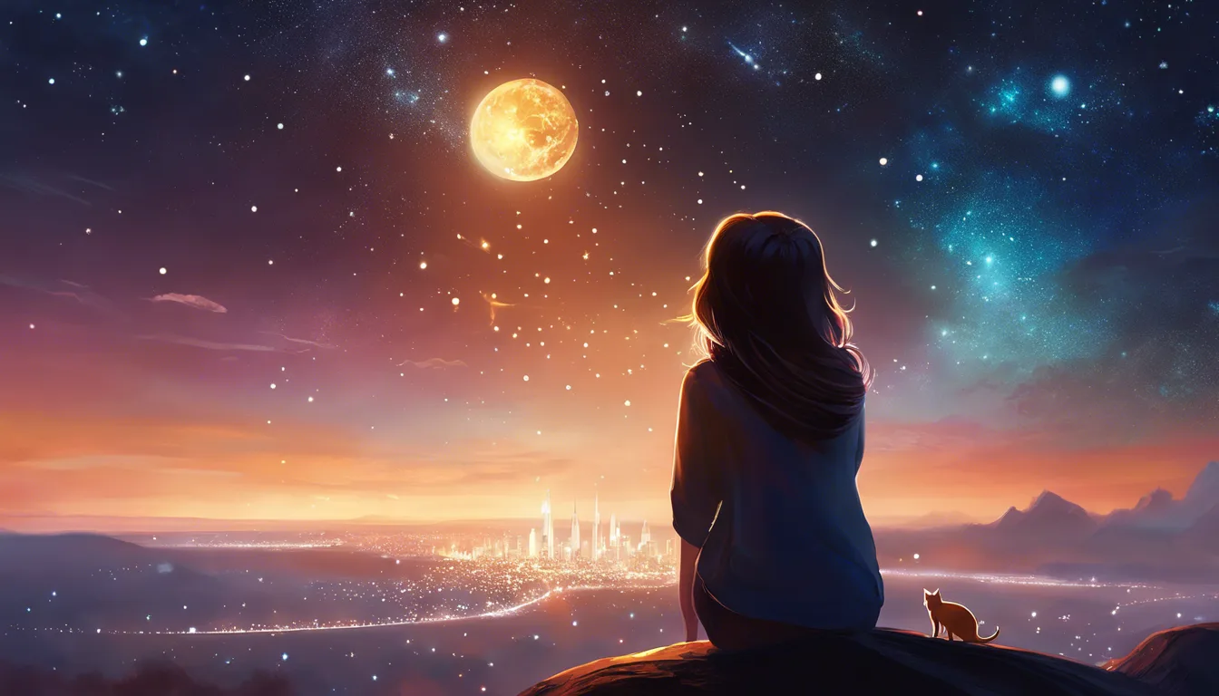 A girl and her cat sit on a rocky ledge, gazing at a glowing moon and starry sky over a distant city at sunset.