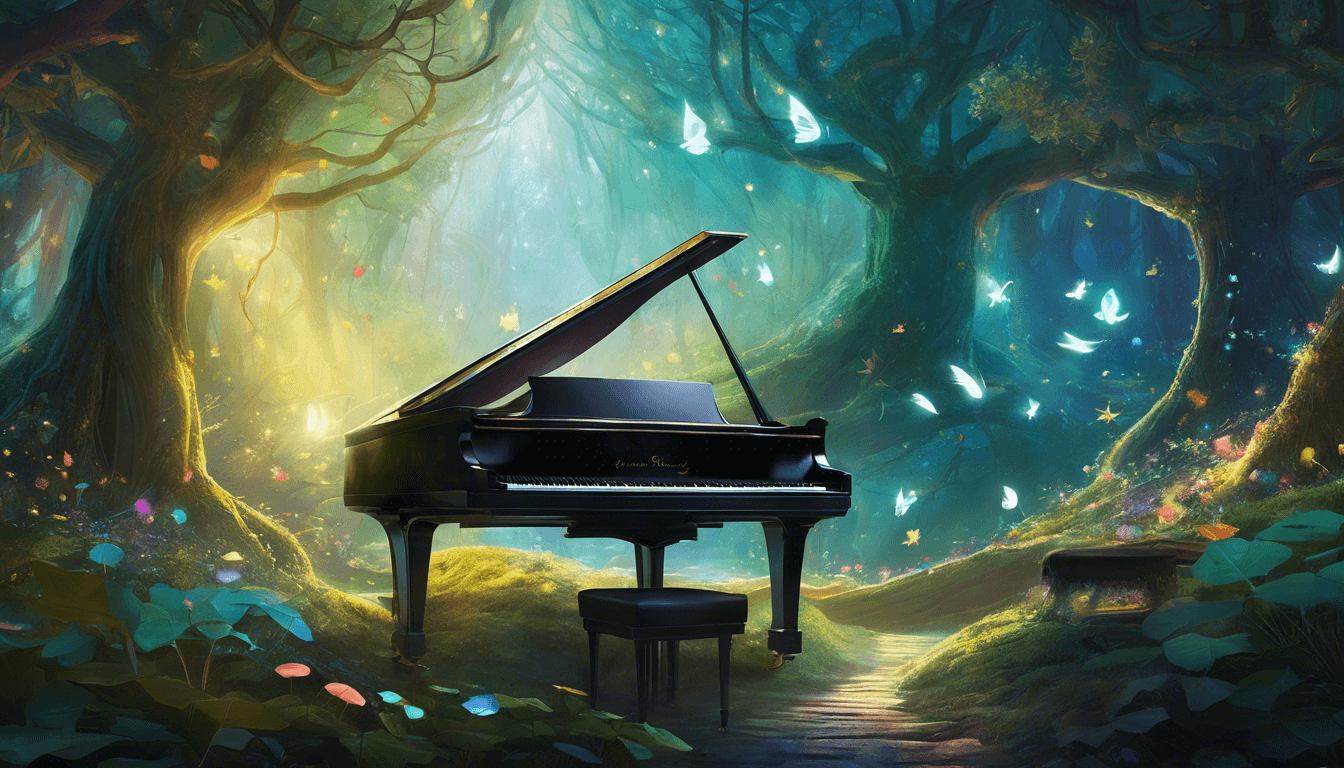 A grand piano sits amidst a magical forest, surrounded by glowing butterflies and dappled sunlight filtering through lush trees.