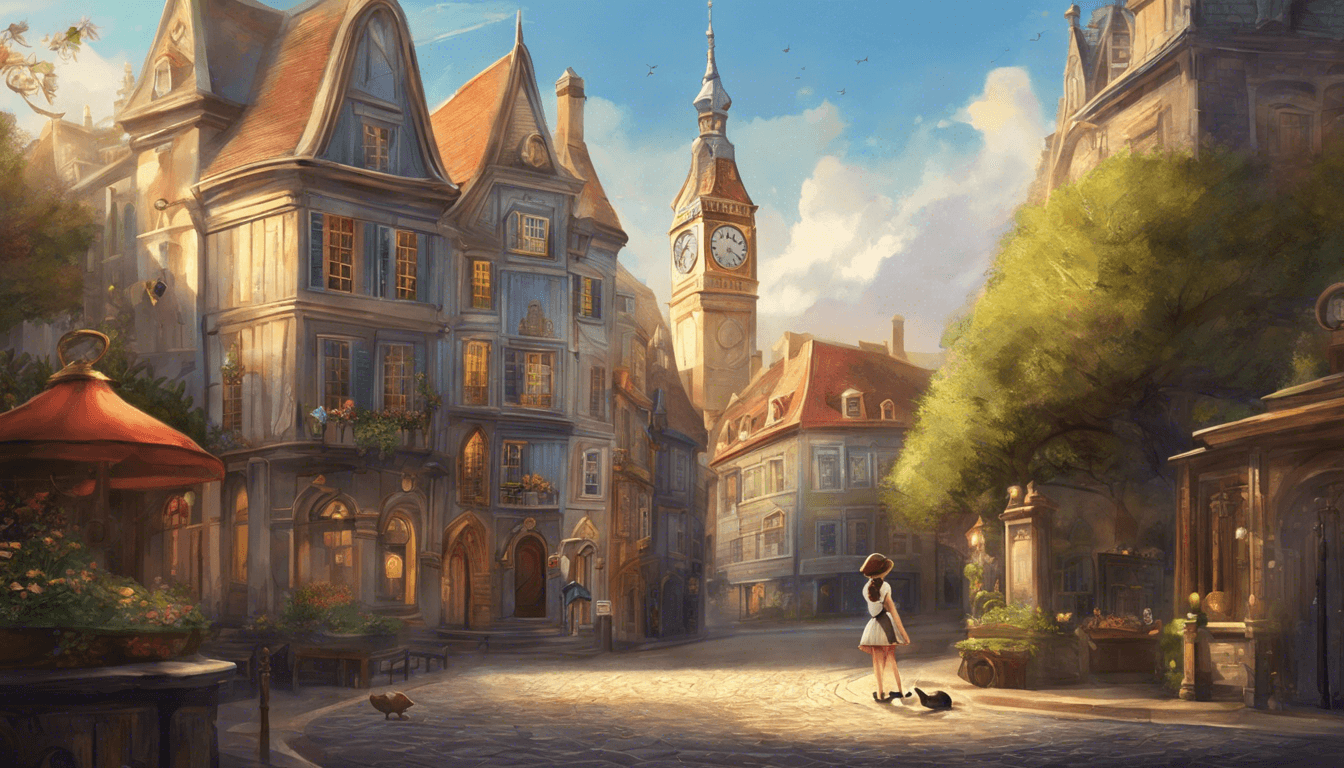 A quaint, sunlit European town square with charming old buildings, a clock tower, and a girl walking with her cat amidst lush greenery and cobblestone streets.