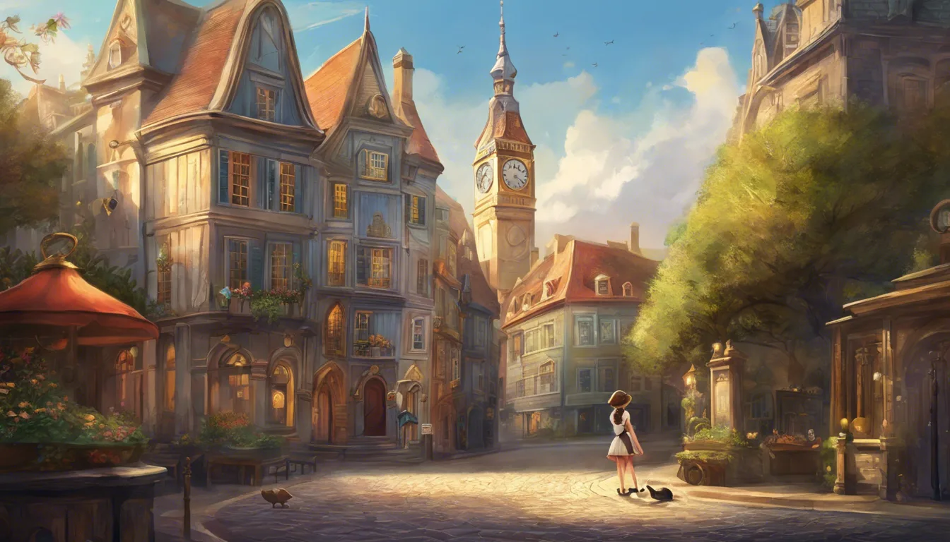 A quaint, sunlit European town square with charming old buildings, a clock tower, and a girl walking with her cat amidst lush greenery and cobblestone streets.