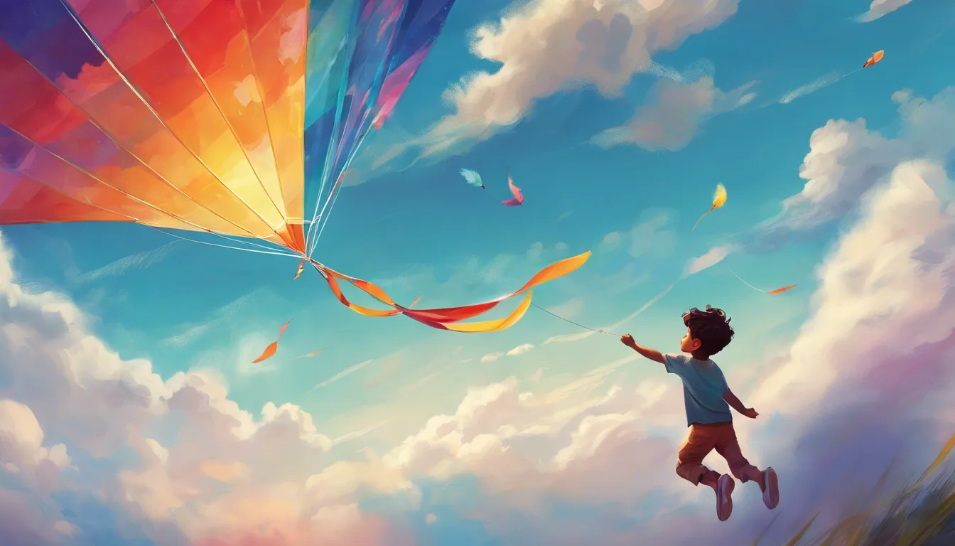 A young child joyfully runs while flying a colorful kite against a backdrop of blue skies and fluffy clouds.