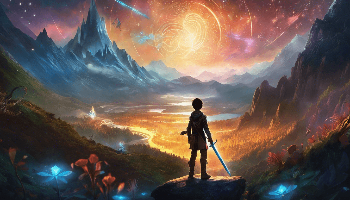 A boy with a glowing sword, surrounded by creatures, under a starry mountain sky.